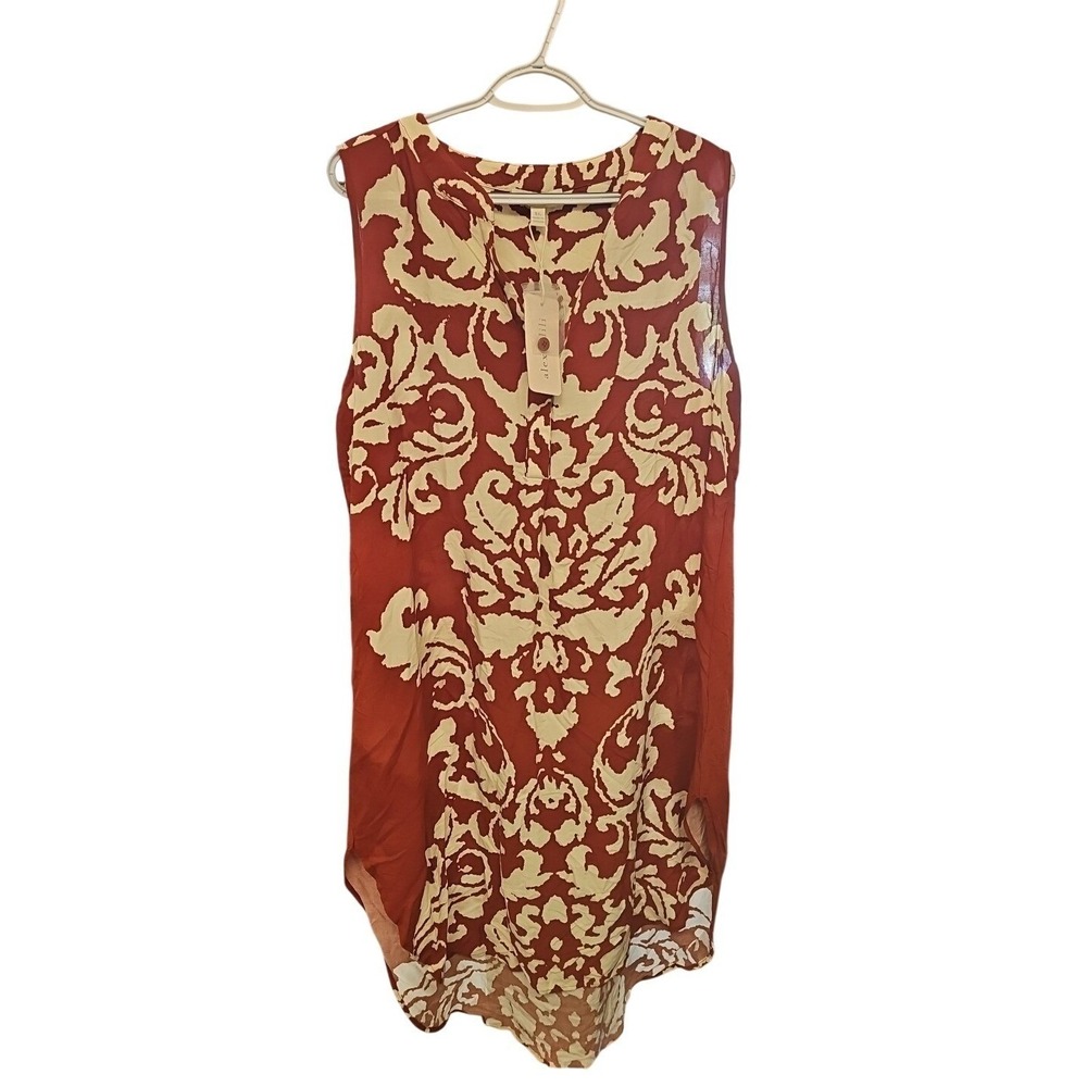 Alex & Lili Womens XL Rust Red Cream Damask Print Sleeveless Tunic Top NWT